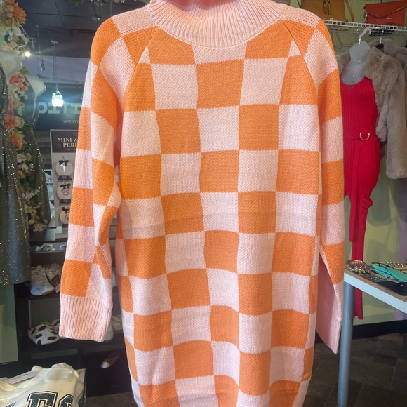 Orange and Pink Checkered Turtleneck Sweater Dress - Picture 7 of 7